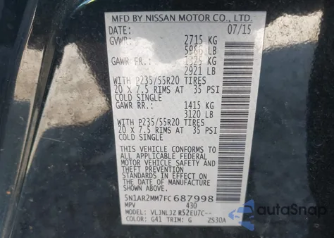 2015 Nissan Pathfinder Platinum из США, поврежденный, VIN 5N1AR2MM7FC687998